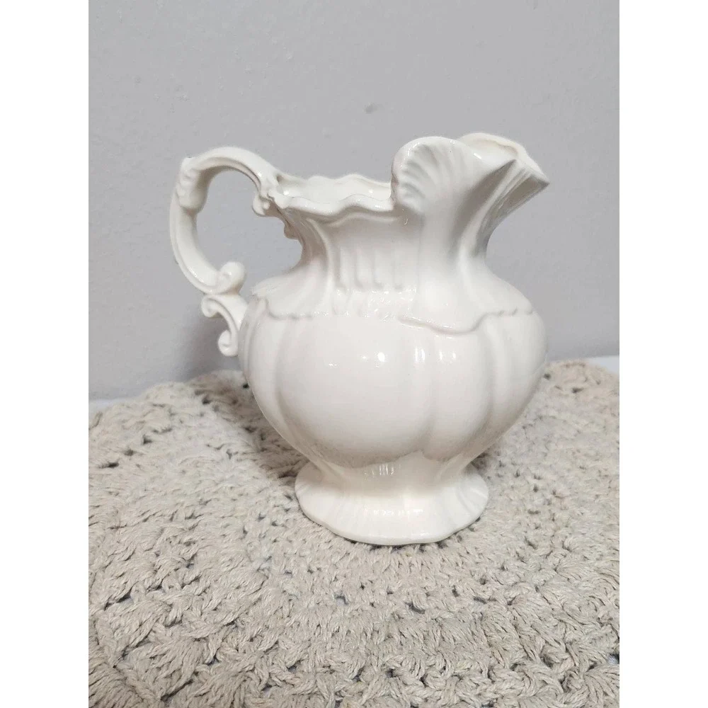 Vintage Cream Ceramic Floral Pitcher Purple Rose Decorative Vase Scalloped Rim